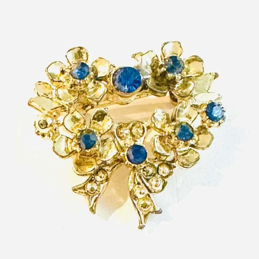 Vintage Gold Flowers Heart Brooch with blue Crystals